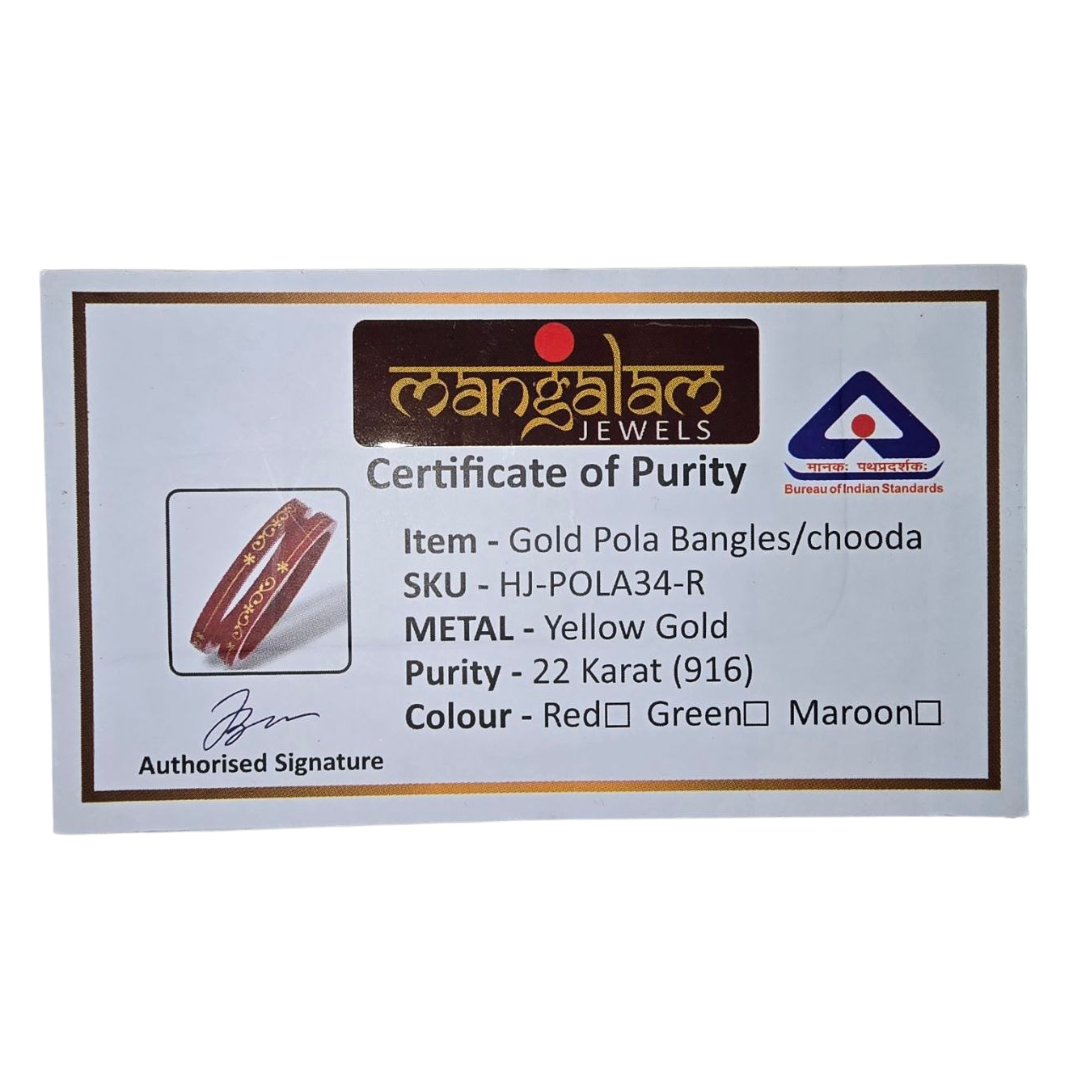 22kt (916) Yellow Gold Handmade Pola Bangles/Chooda/Churas for Women with Purity Certificate